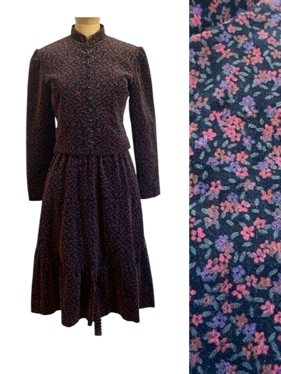 Vintage Dresses & Skirts - VTG Lanz Velvet Skirt Set Black Micro Floral Jacket Cottage Grandma Feminine